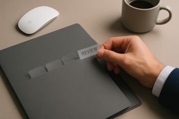 Poster - A business professional organizes review tabs on a matte grey folder symbolizing structured workflow and task management