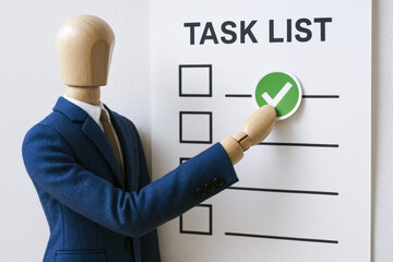Poster - Achievement and progress drive business success as the wooden figure marks completion on a task agenda