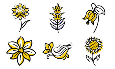 Poster - Collection of stylized yellow and black floral illustrations showcasing various flower designs for use in design projects and compositions
