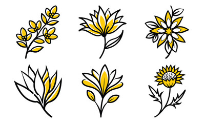 Poster - Collection of stylized floral illustrations featuring yellow accents and bold black outlines perfect for design projects