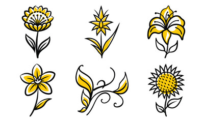 Poster - Collection of hand drawn yellow floral elements featuring different flower illustrations and decorative leaves isolated on white background