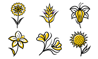 Poster - Vector illustration featuring hand-drawn vibrant yellow flowers with black outlines offering a collection of unique floral designs