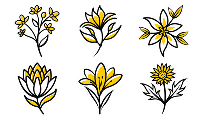 Poster - Artistic and minimalist line art illustrations of various vibrant yellow flowers and floral elements with black outlines on a white background.