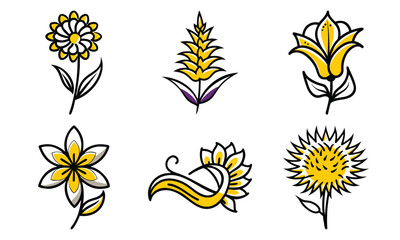 Poster - Six hand drawn floral elements in yellow and black outlines perfect for botanical designs and creative decorative projects