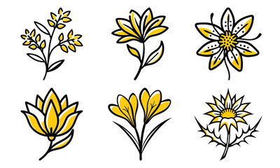 Poster - Collection of six stylized yellow flowers with black outlines illustrating floral design elements for diverse creative projects