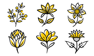 Poster - Collection of hand drawn line art yellow flowers and plants vector illustrations set isolated on white background