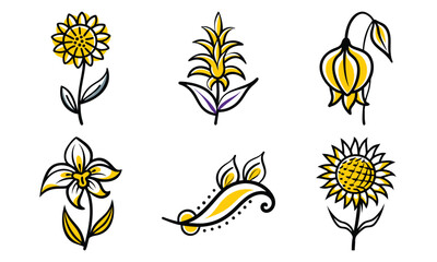 Poster - Hand drawn floral designs in yellow and black outlines showcasing various botanical illustrations on a white background