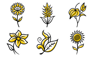 Poster - Collection of vector illustrations featuring various yellow flowers in simple linear outline style for design projects