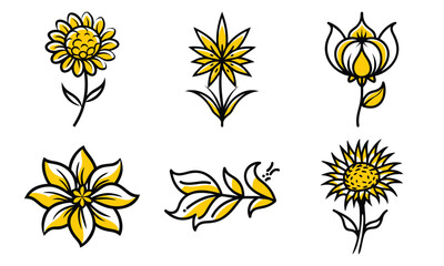 Poster - Collection of six hand drawn yellow flowers with black outlines on white background for graphic design
