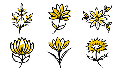 Poster - Set of hand drawn floral illustrations in yellow and black outlines representing a botanical aesthetic on a white background