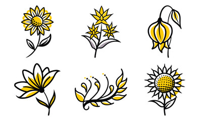Poster - Set of six stylized hand-drawn floral illustrations featuring various botanical elements in a simple line art style