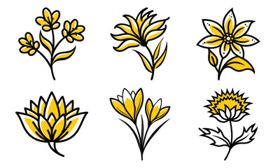 Poster - Vector illustrations of six different yellow flowers with black outlines perfect for botanical themed design projects