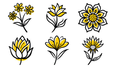 Poster - Simple floral vector graphics collection showcasing yellow flowers with black outlines on a plain white background