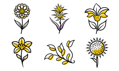 Poster - Simplified floral illustrations displaying yellow and black line art with various botanical arrangements on white background