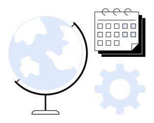 Poster - Globe with continents, calendar with marked dates, and gear symbolizing global planning, time management, productivity, and strategy. Ideal for scheduling, teamwork, globalization and education