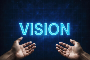 Poster - Two hands reaching out towards a luminous digital projection symbolize insight and strategic vision in a futuristic business context