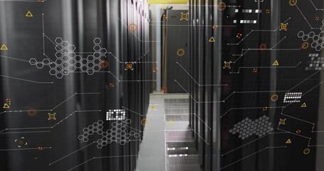 Poster - Starting server rack aisle and fading geometric overlays, camera advancing visualizing data flows