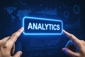 Poster - Business decision-making is enhanced through data-driven insights and dynamic analytics interfaces shown by tapping glowing digital buttons
