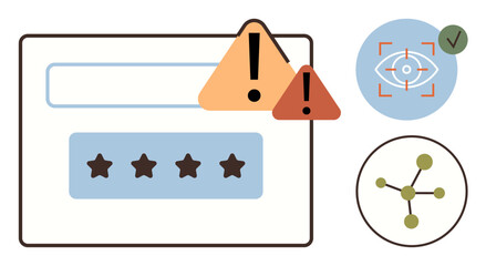 Poster - Login screen with password field, warning signs, focus on data visibility, and network symbol. Ideal for security, alert, privacy, online safety, data protection authentication digital risk simple