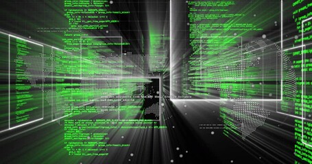 Poster - Starting on 3D grid, world map glowing, neon-green code windows floating through tunnel