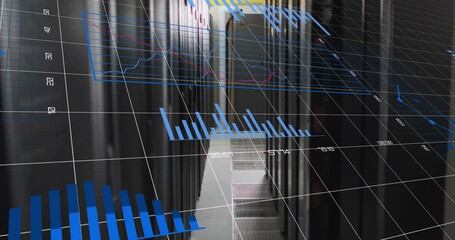 Poster - Opening server aisle materializing holographic grid fading charts and conveying data monitoring