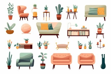 Poster - Comfortable sofas, armchairs, various houseplants, and home decorations creating a cozy and relaxing atmosphere in a modern living room
