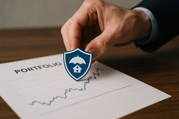 Poster - A adds a protective digital shield icon to a growing financial portfolio chart symbolizing enhanced security in asset management
