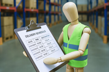 Poster - Efficiency and planning drive smooth logistics as a wooden mannequin reviews a detailed delivery schedule in the warehouse
