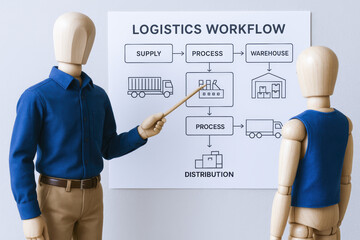 Poster - Efficiency and coordination drive successful logistics as one mannequin guides another through supply chain processes and distribution stages