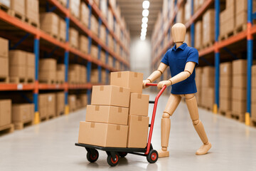 Poster - Efficiency and logistics drive the movement inventory through organized storage as a mannequin pushes a loaded truck