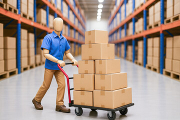 Poster - Efficient logistics and inventory management drive productivity as a wooden mannequin maneuvers a truck loaded with stacked boxes in a warehouse aisle