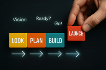 Poster - A places a bright red block symbolizing launch after a sequence planning building and strategic vision on a dark digital dashboard