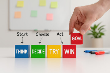Poster - Strategic thinking and decisive action progress efforts toward achieving goals symbolized by colorful blocks arranged step-by-step on a clean desk