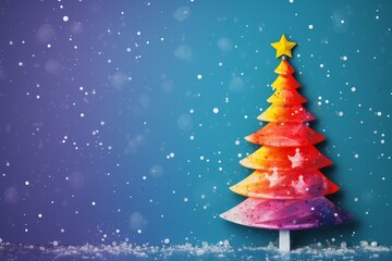 Poster - Rainbow colored christmas tree standing in snow with softly falling snowflakes and copy space