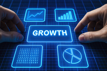 Poster - Two hands interact with glowing digital cards displaying growth metrics symbolizing business progress and data analysis