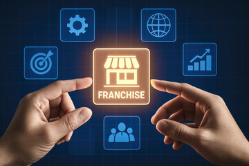 Poster - A digital interface highlights franchise strategy as hands interact with icons symbolizing growth teamwork and market focus