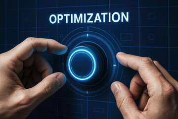 Poster - Achieving efficiency and performance two hands adjust a glowing digital dial on a virtual control panel focused on optimization