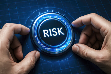 Poster - A close-up view hands adjusting a glowing digital dial symbolizing risk control and decision-making in a business context