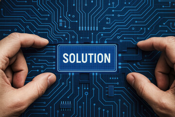 Poster - A pair hands place a digital component into a complex blue grid interface symbolizing innovative problem solving and strategic solution integration in technology