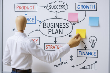 Poster - A figure conceptualizes business strategy and growth by arranging notes on a whiteboard mapped with finance product and success elements