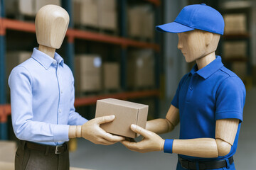 Poster - Successful cooperation and exchange drive efficient delivery operations as two figures collaborate to transfer a package in a warehouse