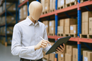Poster - Productivity and organization converge as a wooden mannequin uses a digital tablet in a well-structured warehouse environment to streamline inventory management and enhance business efficiency