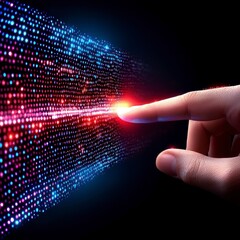 hand interacting with glowing digital data stream