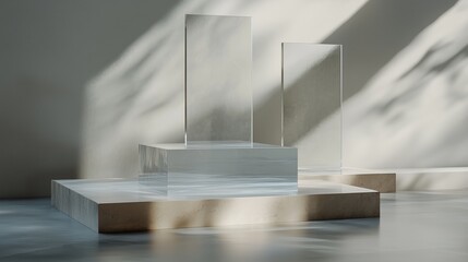 Poster - Clear glass structures on a minimalist pedestal with soft shadows in a contemporary indoor space during daylight