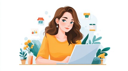 Poster - A young woman works on a laptop surrounded by plants and illustrations of shopping and productivity elements.