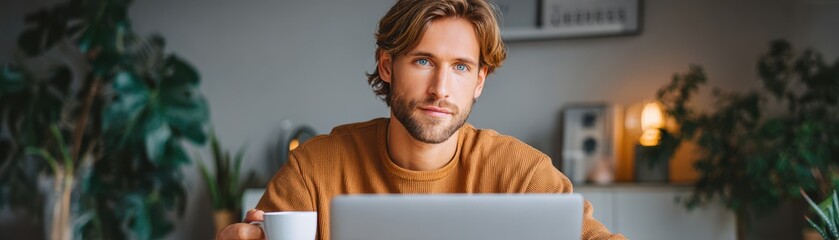 Poster - A man sits thoughtfully at a laptop with a cup of coffee, surrounded by plants in a cozy indoor setting.