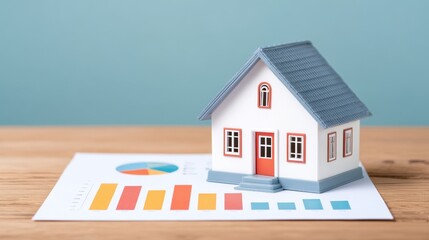 Poster - A model house rests on a financial report, symbolizing real estate investment and market analysis.