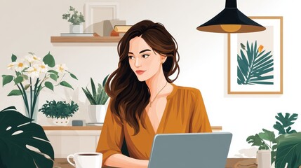 Poster - A young woman sits at a desk with a laptop, surrounded by plants, while thoughtfully engaging in her work in a cozy, stylish room.