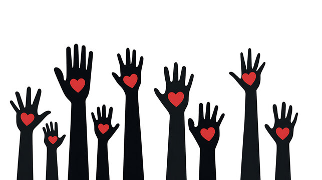 Vector illustration of raised hands with hearts symbolizing love and support