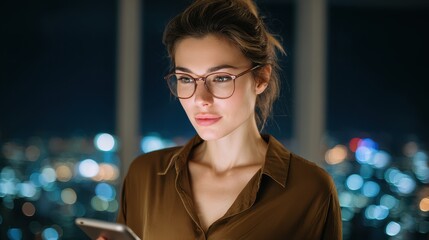 Poster - A woman in glasses gazes at her smartphone, illuminated by city lights at night, creating a modern and contemplative atmosphere.